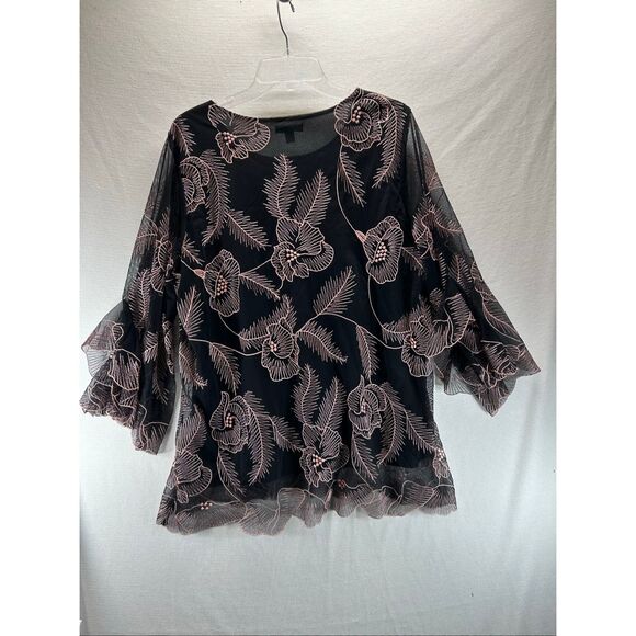 Alfani XL Black Mesh Floral Embroidered Bell Sleeve Blouse Sheer Overlay Top - Picture 3 of 9